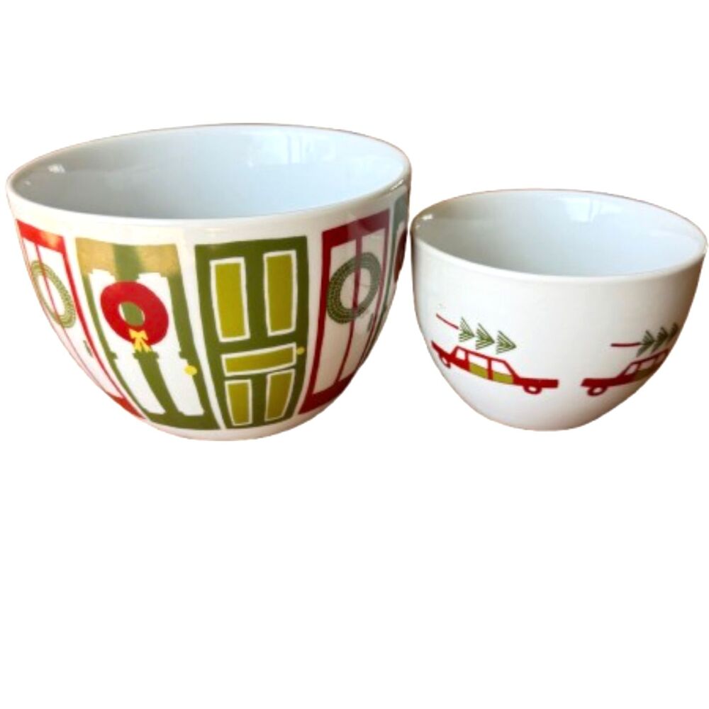 Crate & Barrel "Yule Town" Julia Rothman Christmas Nesting Bowls 2 Set Holiday
